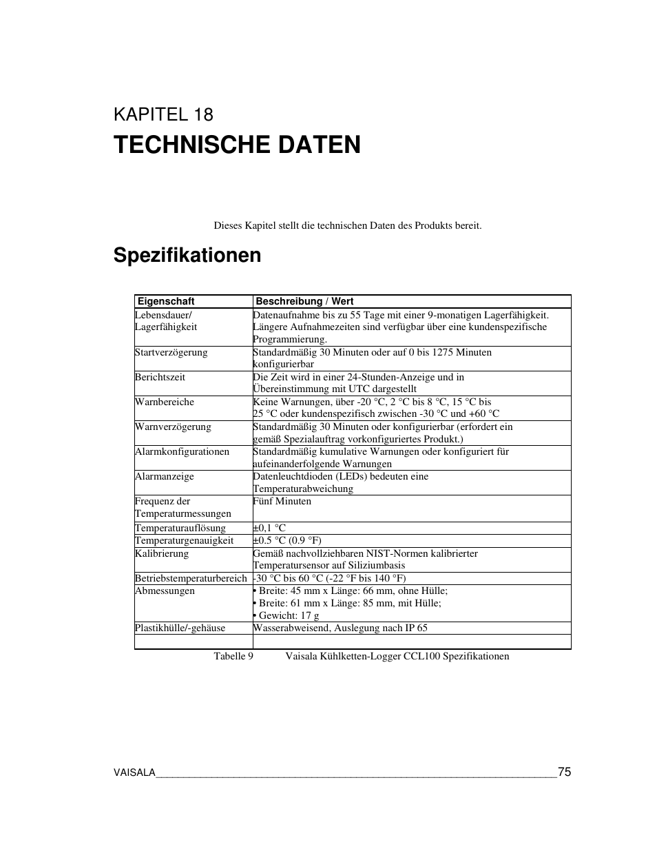 Technische daten, Spezifikationen, Kapitel 18 | Vaisala CCL100 User Manual | Page 75 / 120