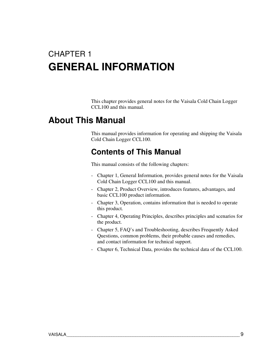 General information, About this manual, Chapter 1 | Contents of this manual | Vaisala CCL100 User Manual | Page 9 / 120
