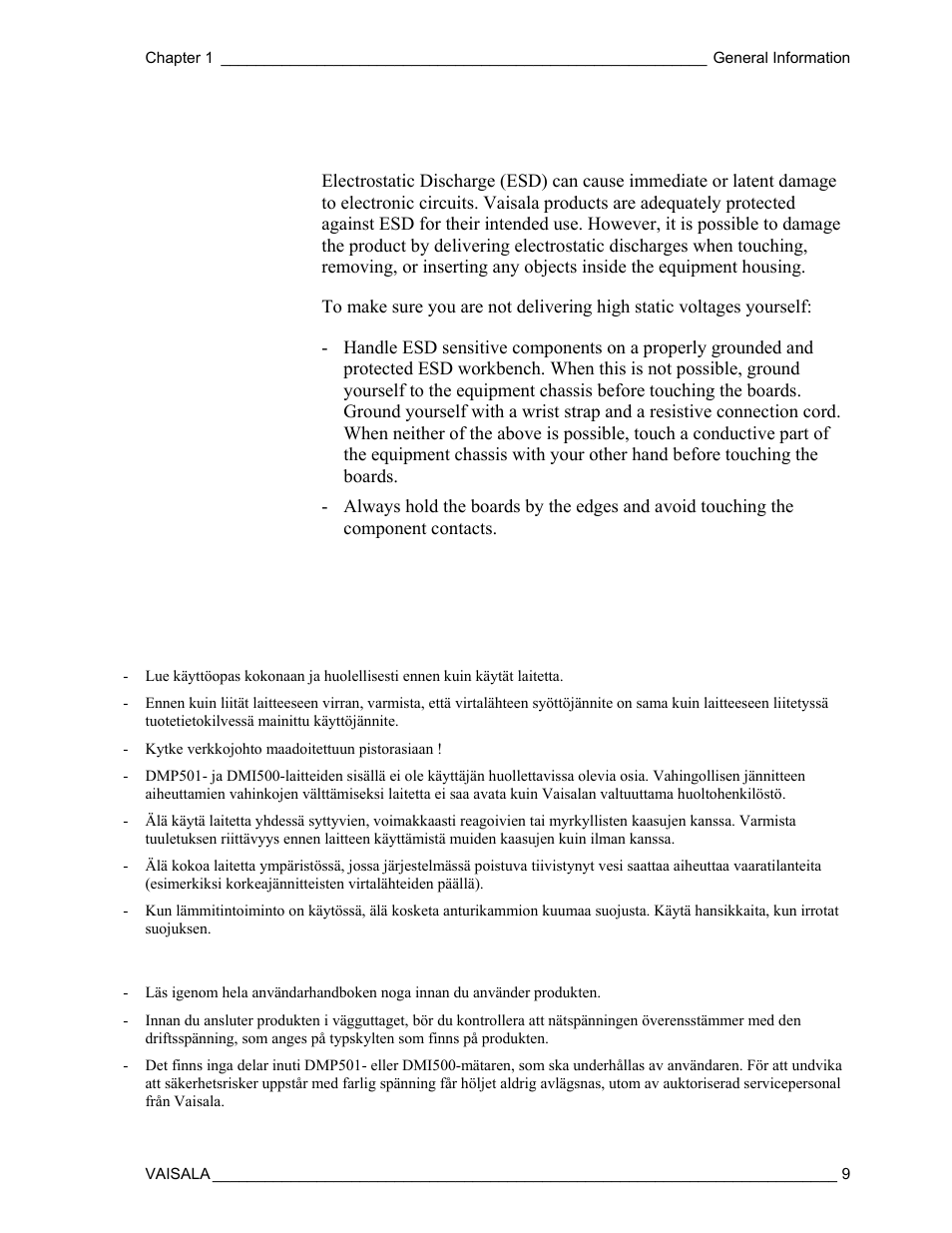 Esd protection, Regulatory compliances | Vaisala DM500 User Manual | Page 11 / 138