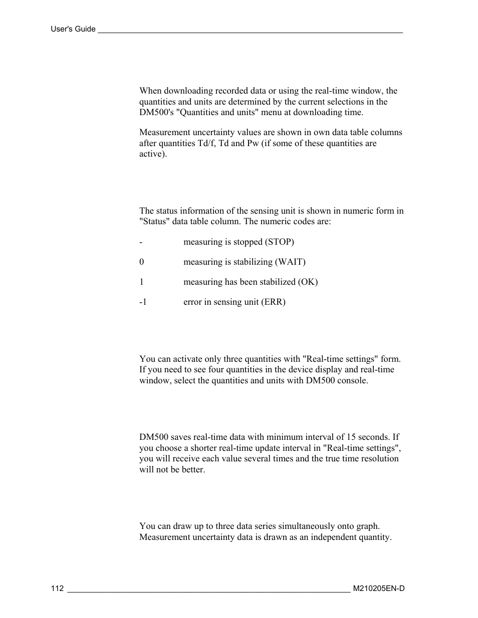 Displayed quantities, Sensing unit status, Real-time quantities | Real-time update interval, Chart | Vaisala DM500 User Manual | Page 114 / 138
