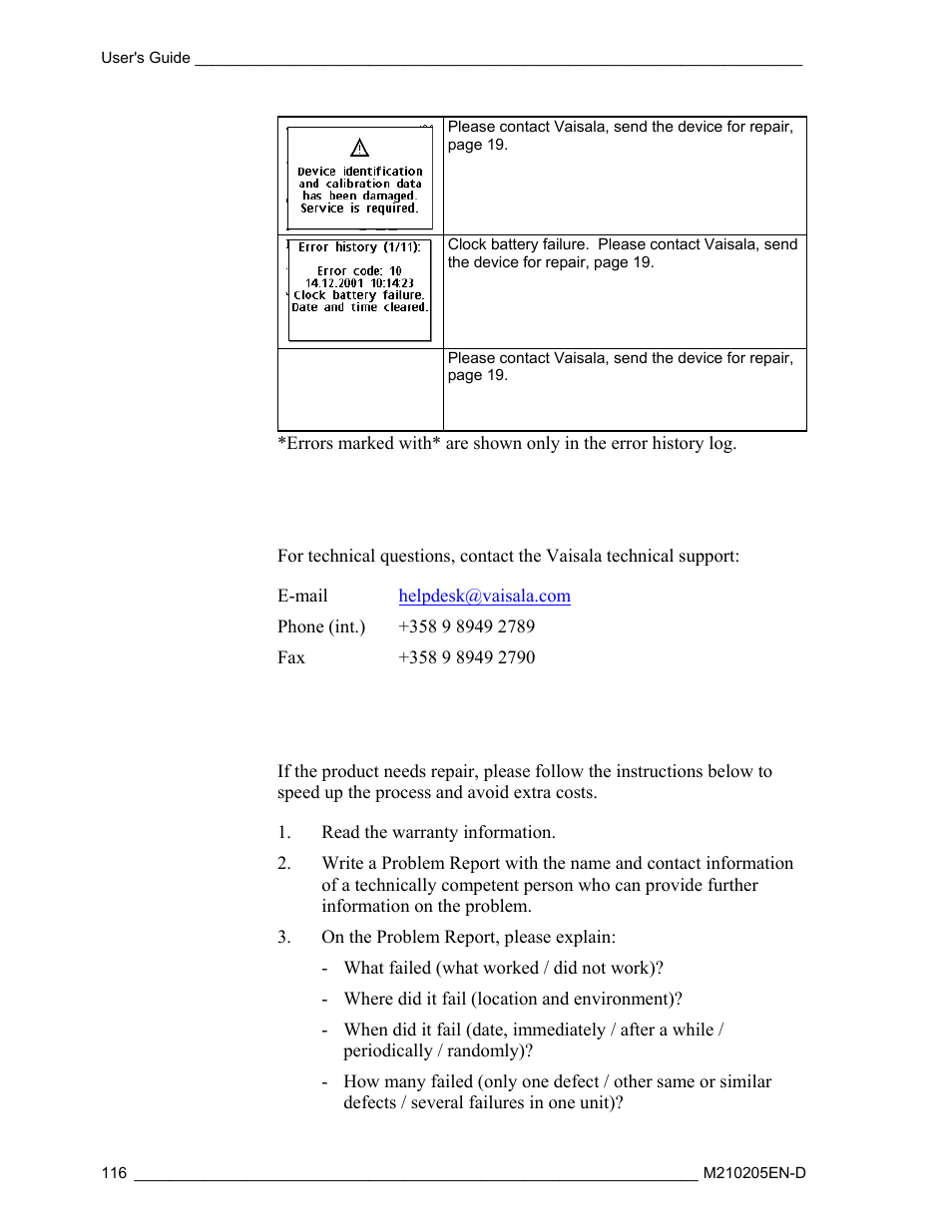 Technical support, Return instructions | Vaisala DM500 User Manual | Page 118 / 138