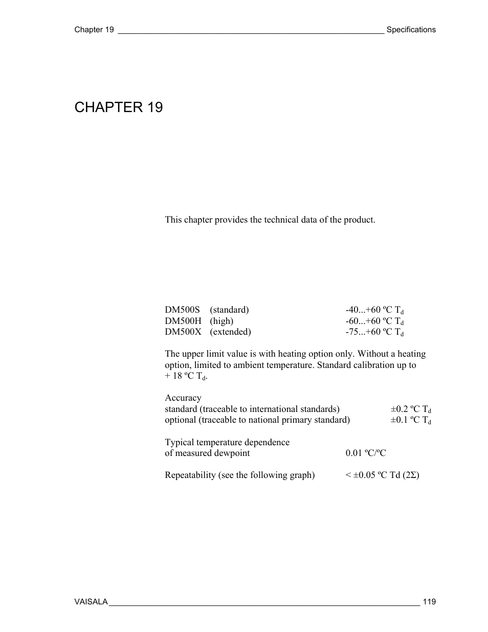 Specifications, Measured variables, Chapter 19 | Vaisala DM500 User Manual | Page 121 / 138