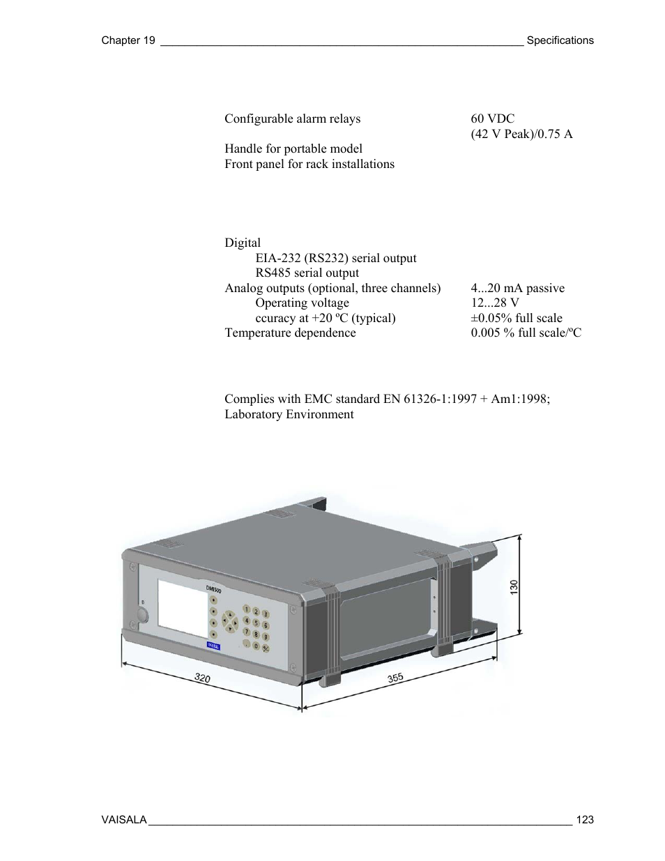 Outputs, Electromagnetic compatibility, Dimensions (in mm) | Vaisala DM500 User Manual | Page 125 / 138