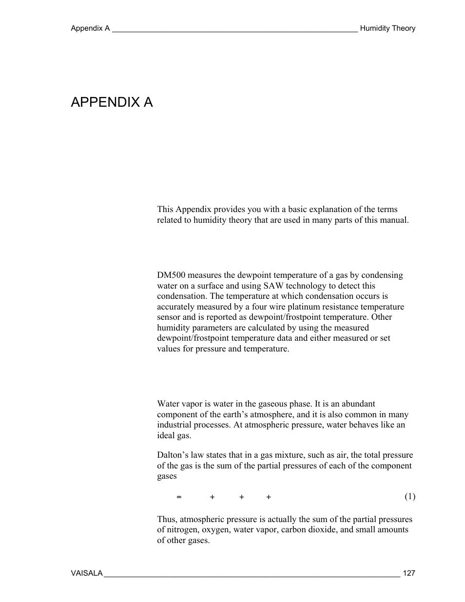 Humidity theory, Measured and calculated results of dm500, Water vapor in air | Appendix a | Vaisala DM500 User Manual | Page 129 / 138