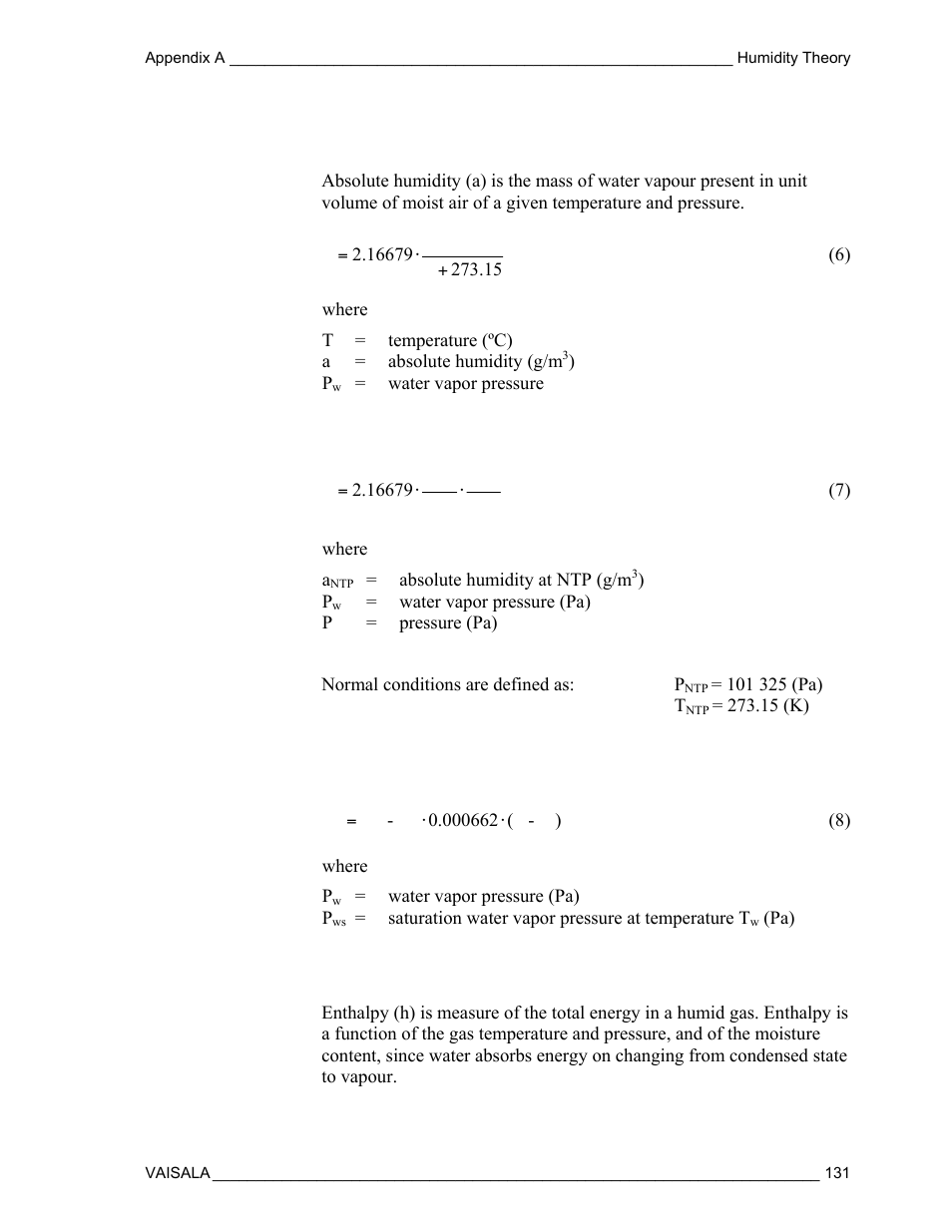 Absolute humidity (a), Absolute humidity at ntp (antp), Wet bulb temperature | Enthalpy (h) | Vaisala DM500 User Manual | Page 133 / 138