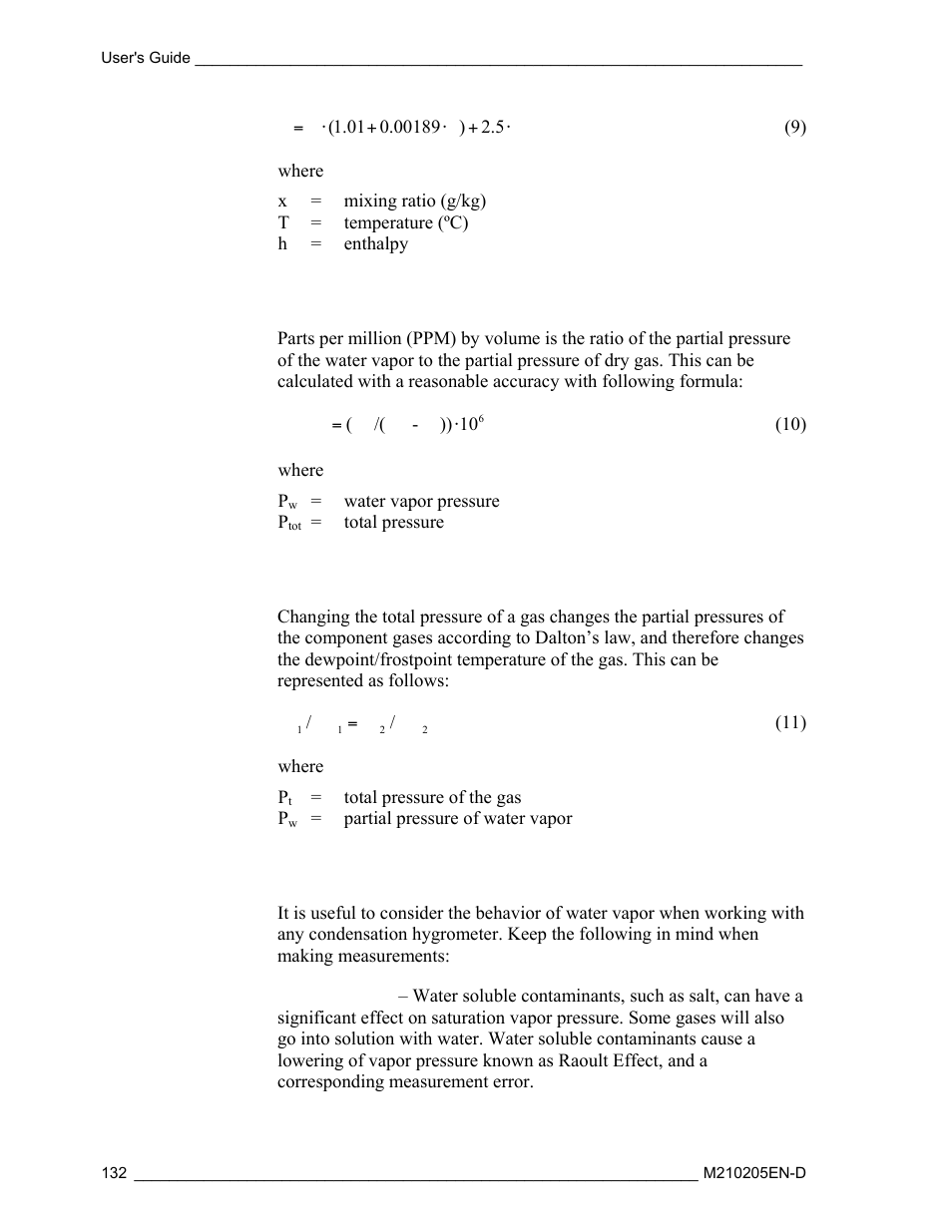 Humid air volume/dry air volume ppm, Effect of pressure on dewpoint, Using a condensation hygrometer | Vaisala DM500 User Manual | Page 134 / 138