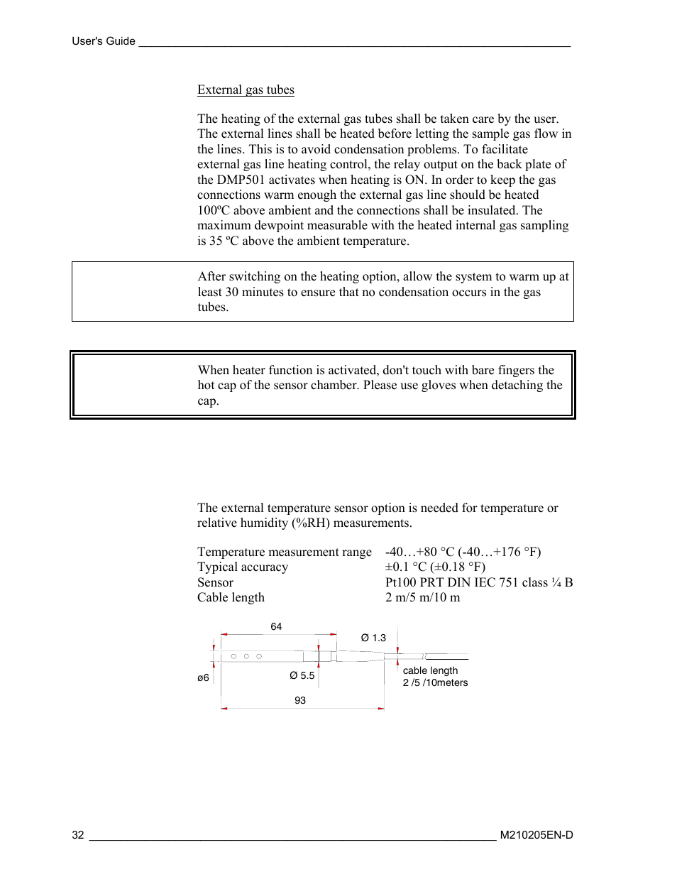 Optional external temperature sensor, Warning | Vaisala DM500 User Manual | Page 34 / 138