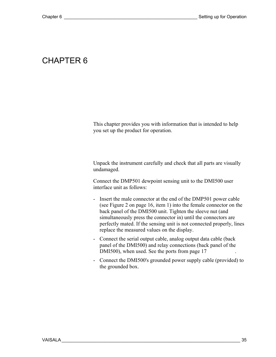 Setting up for operation, Chapter 6 | Vaisala DM500 User Manual | Page 37 / 138