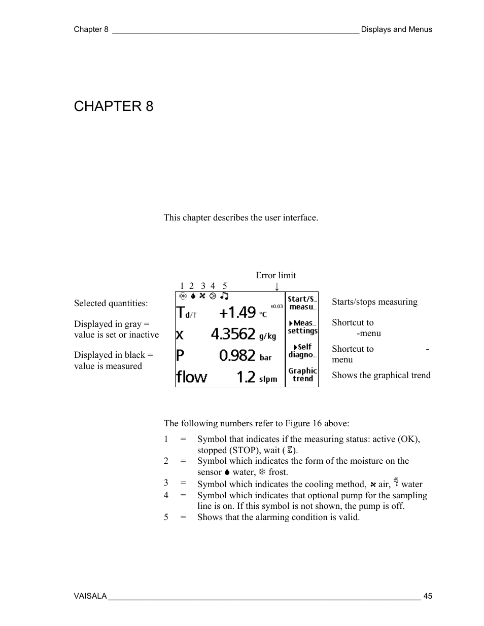 Displays and menus, Main view (in measuring mode), Chapter 8 | Vaisala DM500 User Manual | Page 47 / 138