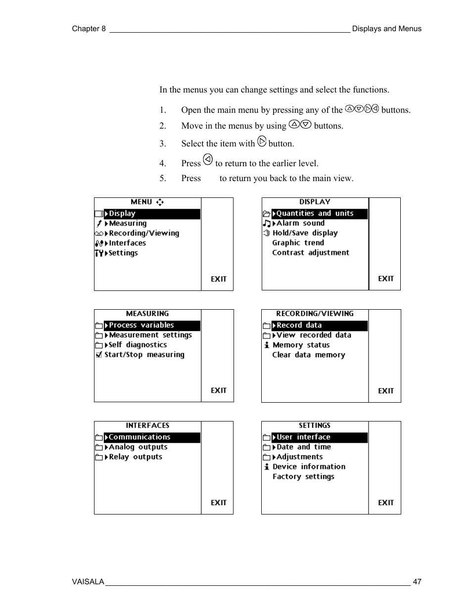 Menus and navigation | Vaisala DM500 User Manual | Page 49 / 138