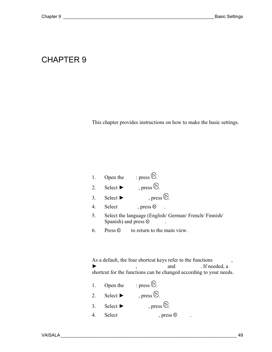 Basic settings, User interface setting the language, Changing the shortcut keys | Chapter 9 | Vaisala DM500 User Manual | Page 51 / 138