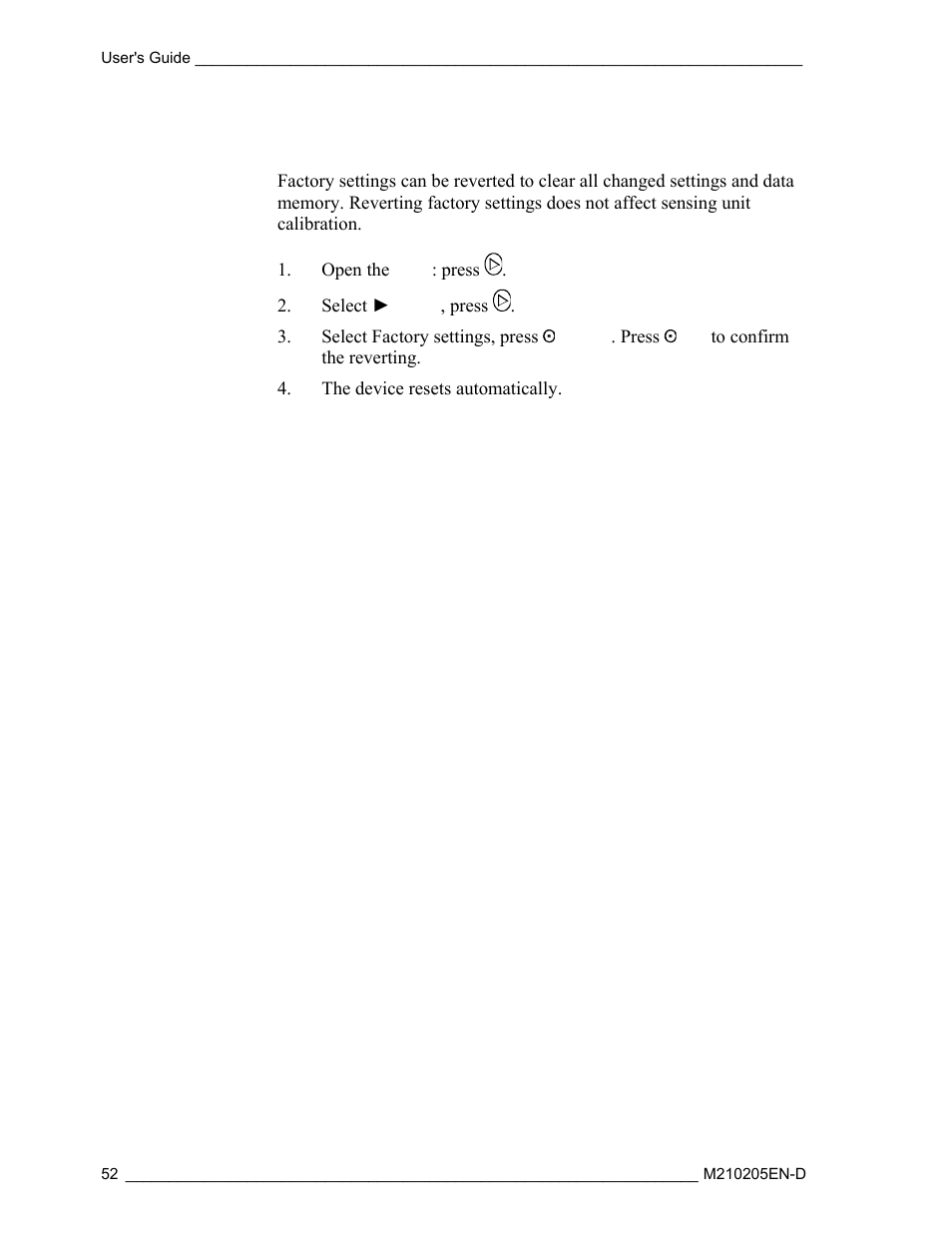 Reverting factory settings | Vaisala DM500 User Manual | Page 54 / 138