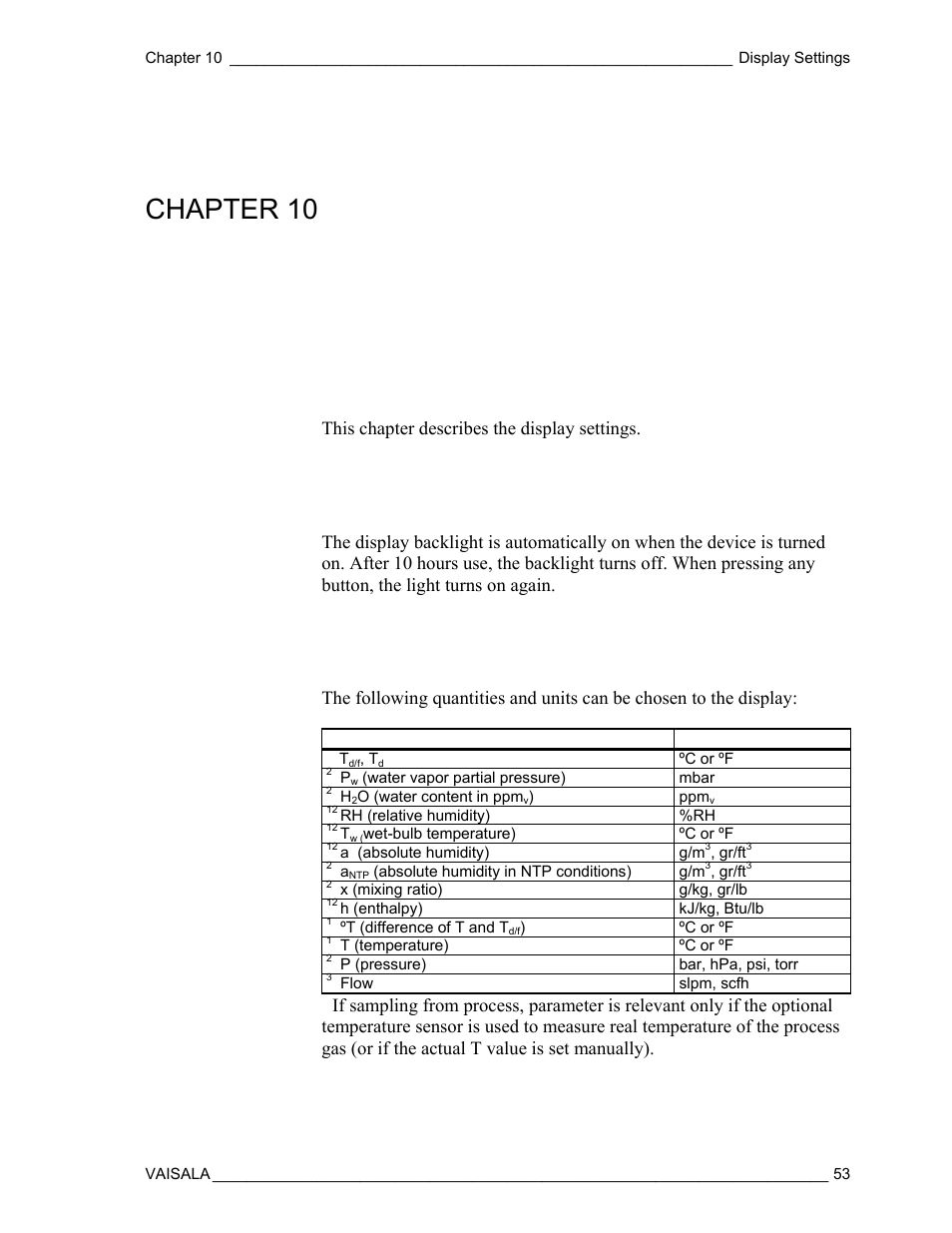 Display settings, Display backlight, Selecting the quantities and units | Chapter 10, This chapter describes the display settings | Vaisala DM500 User Manual | Page 55 / 138