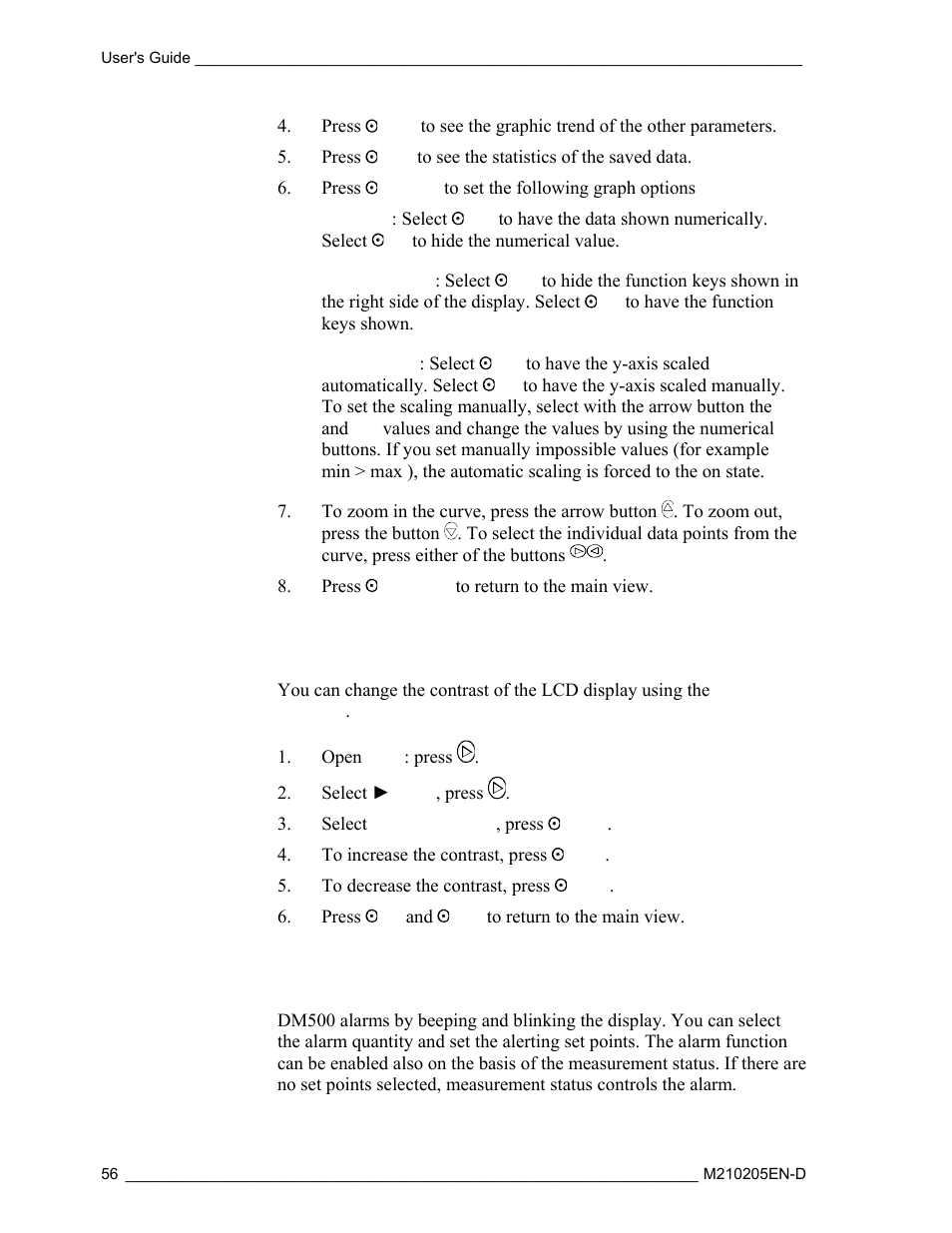 Contrast adjustment, Alarm sound | Vaisala DM500 User Manual | Page 58 / 138