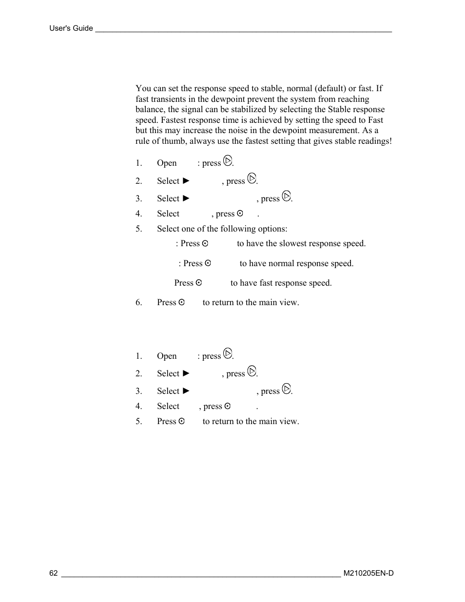 Response speed, Pump on/off | Vaisala DM500 User Manual | Page 64 / 138