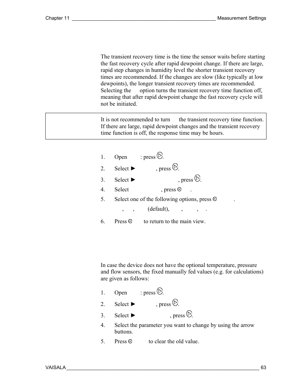 Transient recovery time, Setting the temperature, pressure, and flow values | Vaisala DM500 User Manual | Page 65 / 138