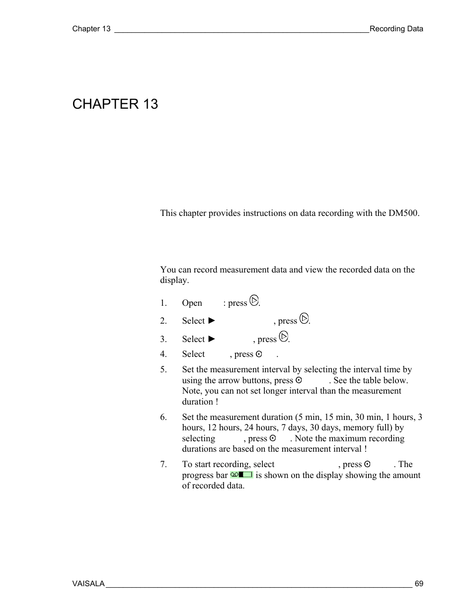 Recording data, Data recording, Chapter 13 | Vaisala DM500 User Manual | Page 71 / 138