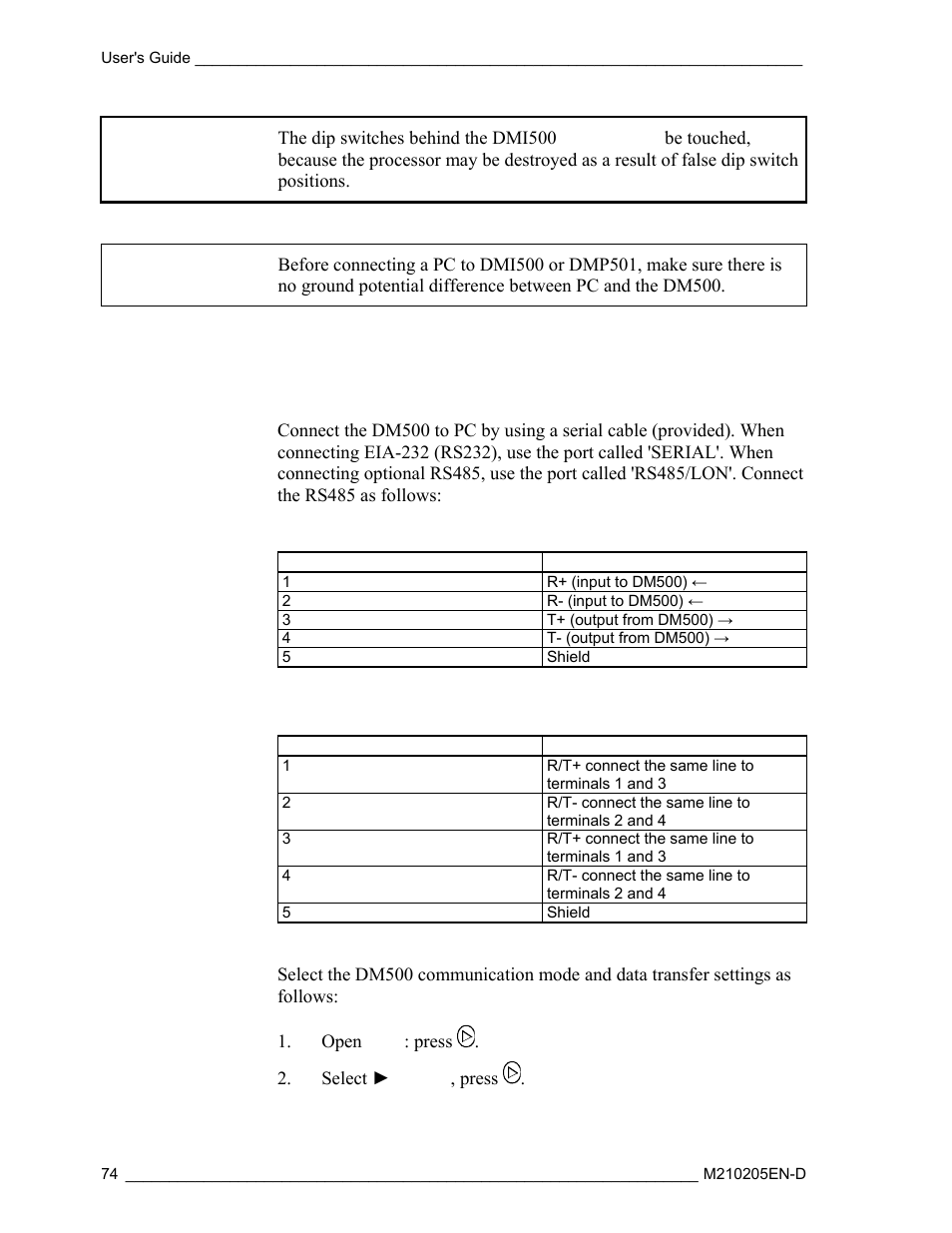 Serial communication settings, Caution | Vaisala DM500 User Manual | Page 76 / 138