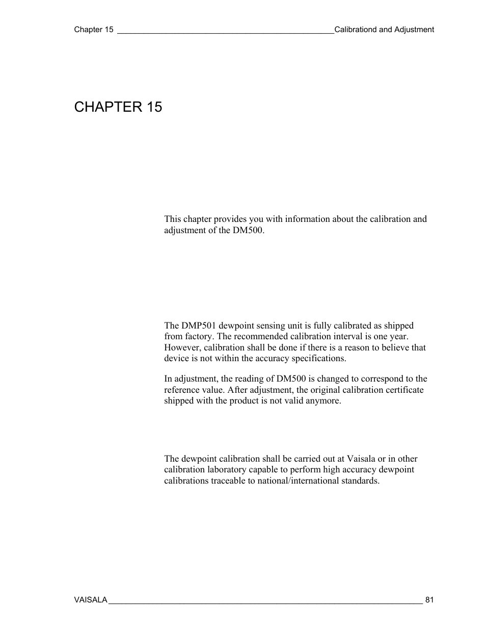 Calibrationd and adjustment, Calibration laboratory, Chapter 15 | Vaisala DM500 User Manual | Page 83 / 138