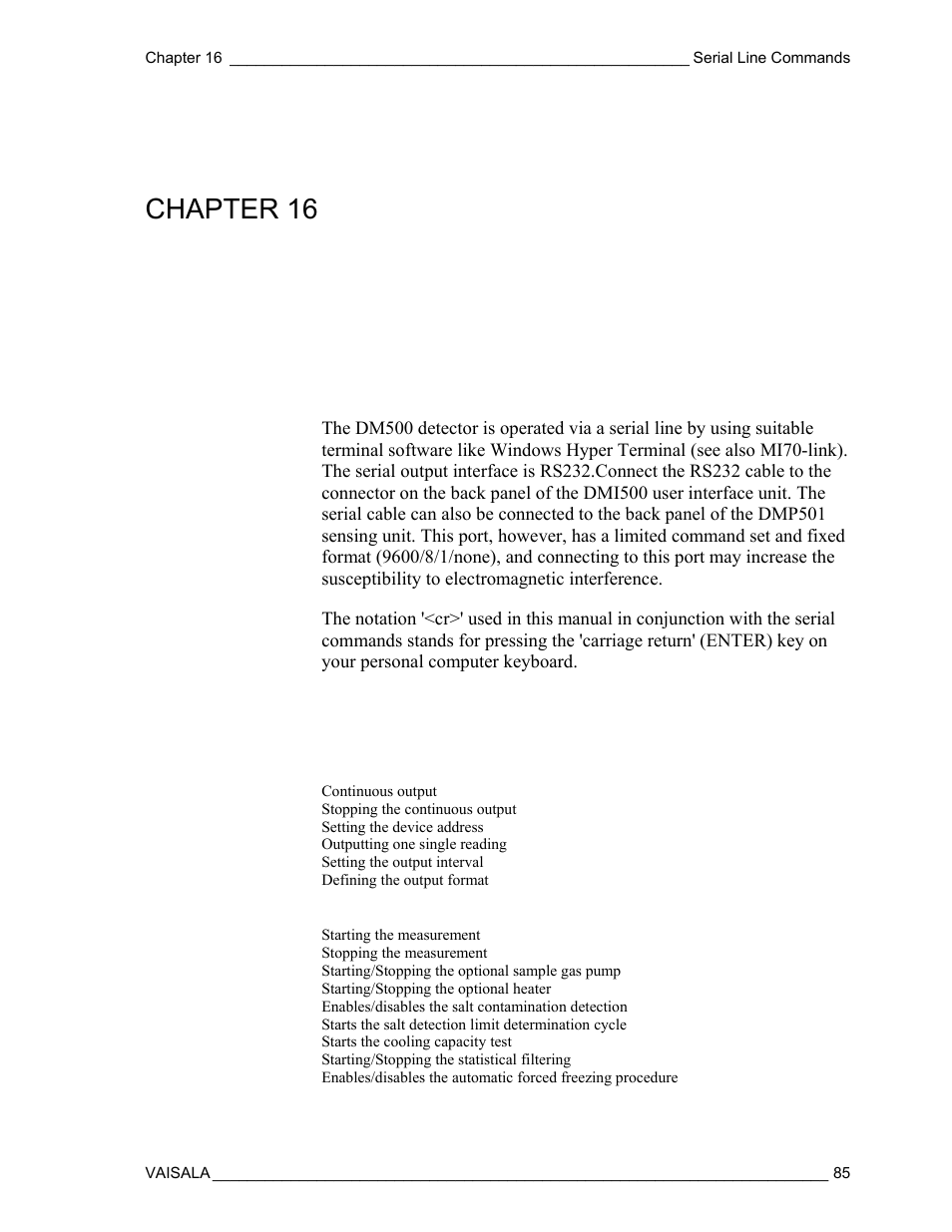 Serial line commands, Serial commands, Chapter 16 | Vaisala DM500 User Manual | Page 87 / 138