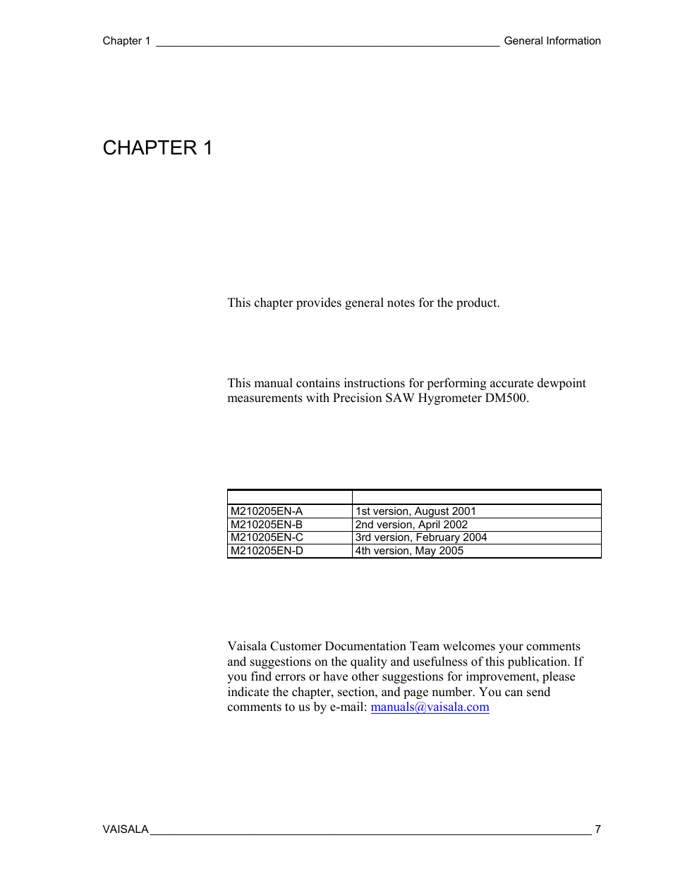 General information, About this manual, Version information | Feedback, Chapter 1 | Vaisala DM500 User Manual | Page 9 / 138