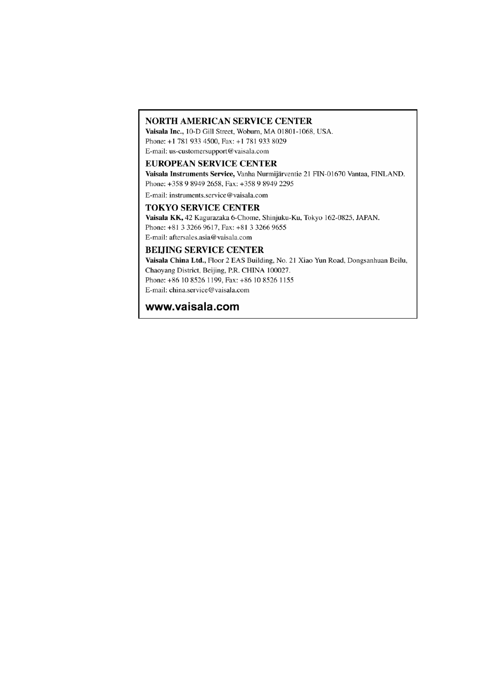 Vaisala service centers | Vaisala DM70 User Manual | Page 80 / 93