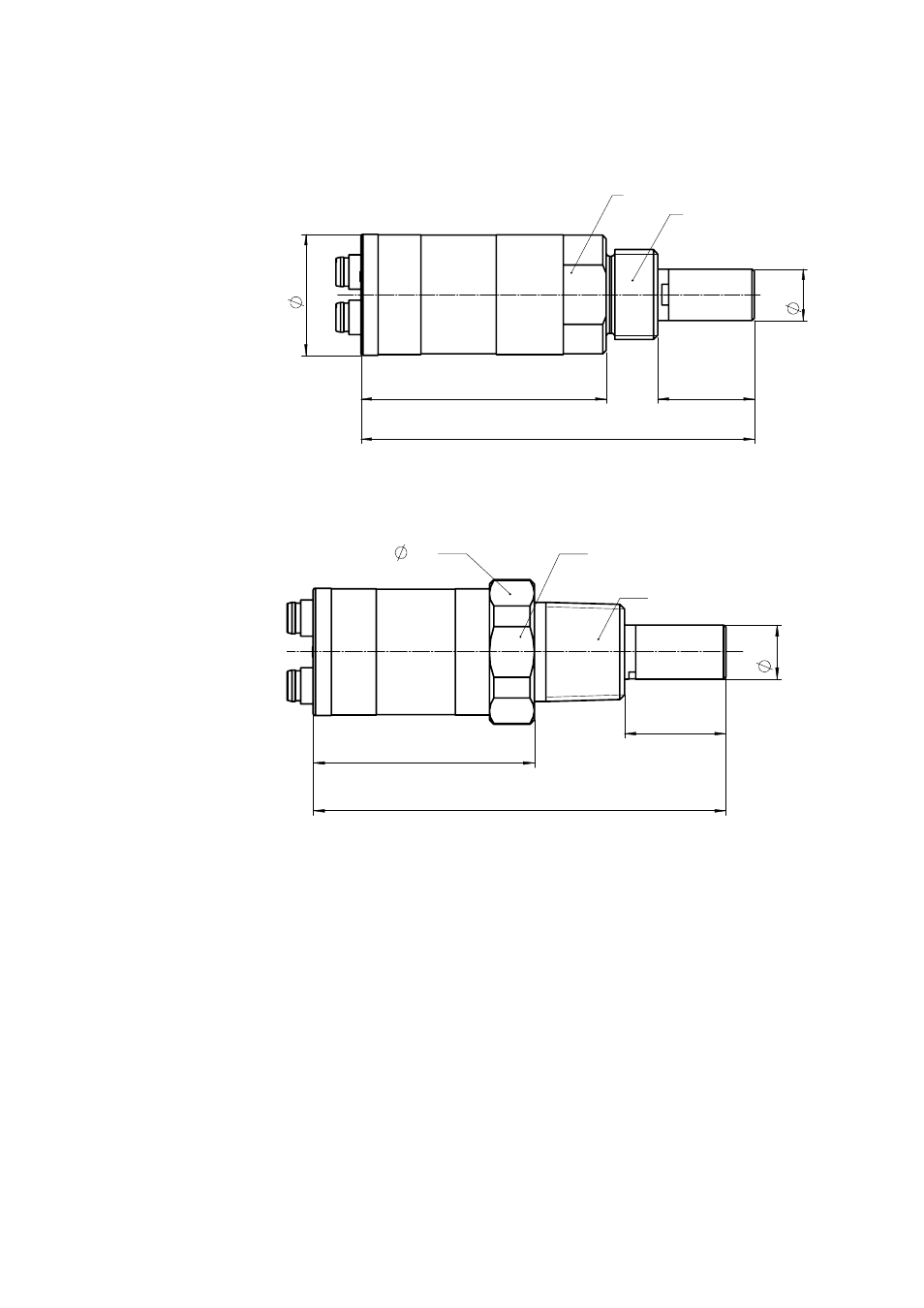 Dimensions in mm, Figure 25, Dmt143 dimensions – model with iso thread | Figure 26, Dmt143 dimensions – model with npt thread | Vaisala DMT143 User Manual | Page 75 / 76