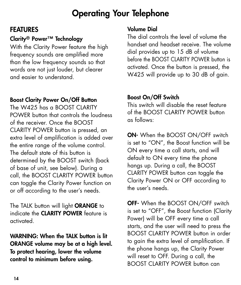 Operating your telephone, Features | Ameriphone W425 User Manual | Page 15 / 78
