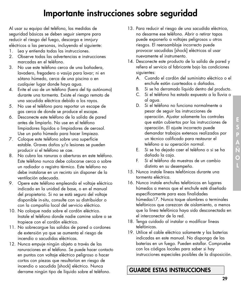 Importante instrucciones sobre seguridad, Guarde estas instrucciones | Ameriphone W425 User Manual | Page 30 / 78