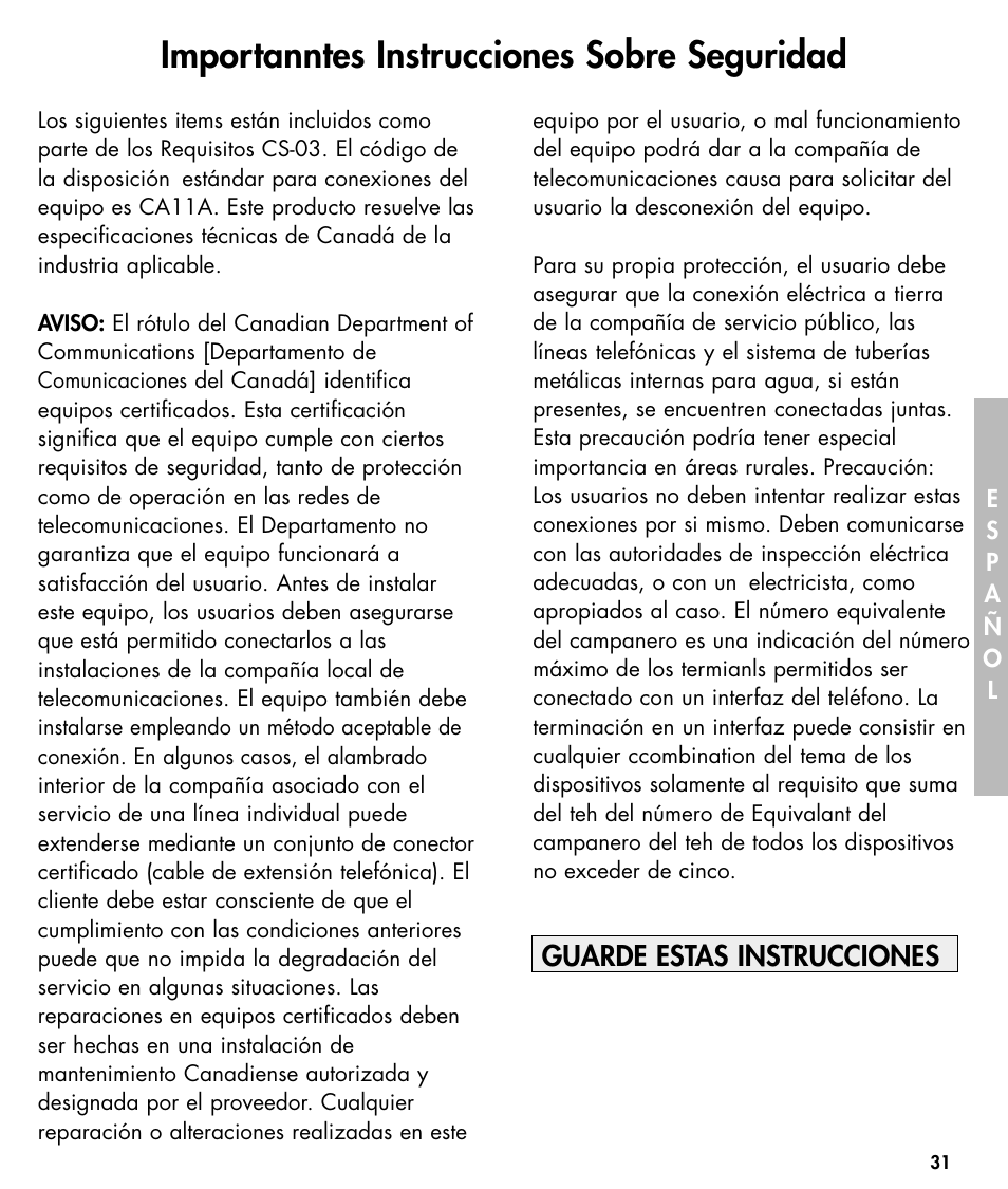 Importanntes instrucciones sobre seguridad, Guarde estas instrucciones | Ameriphone W425 User Manual | Page 32 / 78