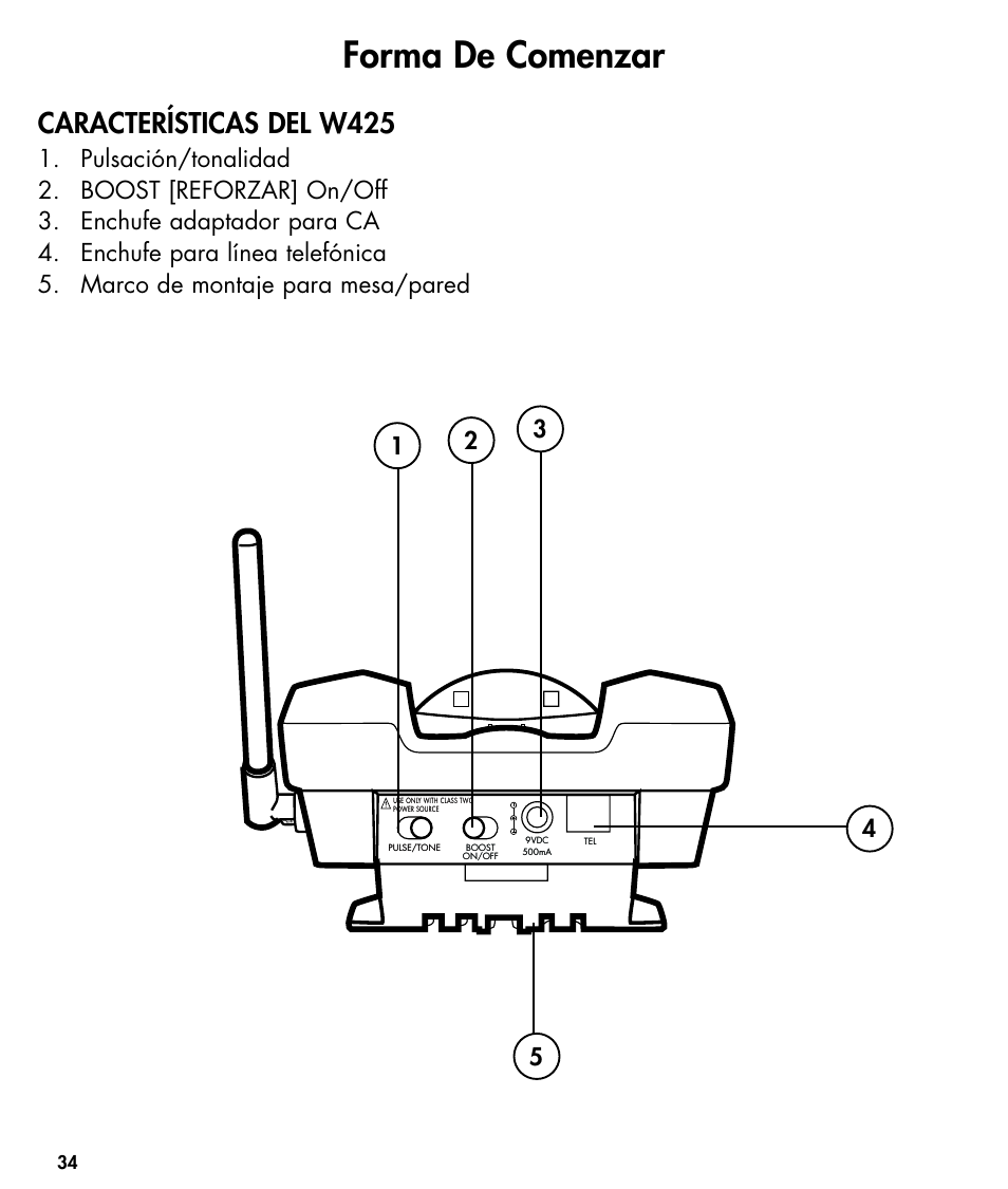 Forma de comenzar, Características del w425 | Ameriphone W425 User Manual | Page 35 / 78