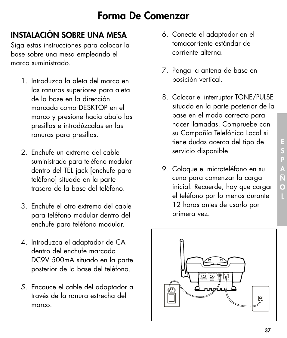 Forma de comenzar, Instalación sobre una mesa | Ameriphone W425 User Manual | Page 38 / 78