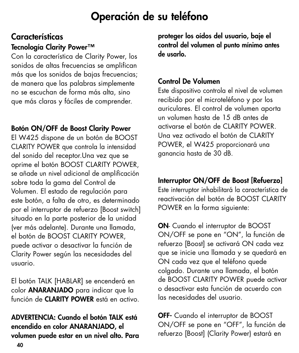 Operación de su teléfono, Características | Ameriphone W425 User Manual | Page 41 / 78