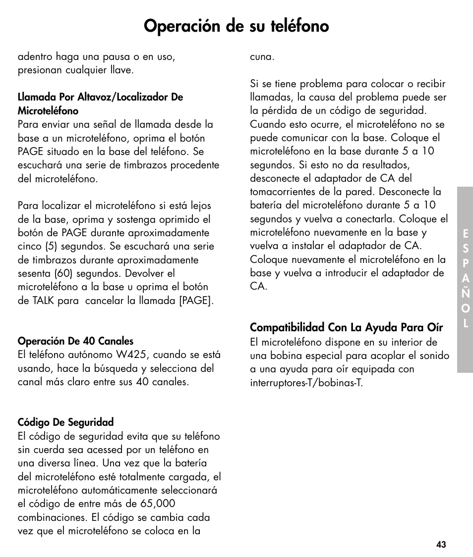 Operación de su teléfono | Ameriphone W425 User Manual | Page 44 / 78