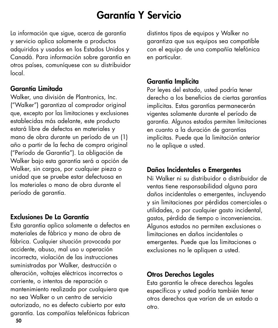 Garantía y servicio | Ameriphone W425 User Manual | Page 51 / 78