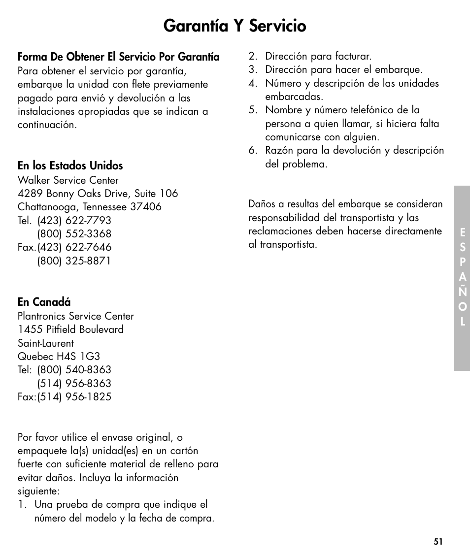Garantía y servicio | Ameriphone W425 User Manual | Page 52 / 78