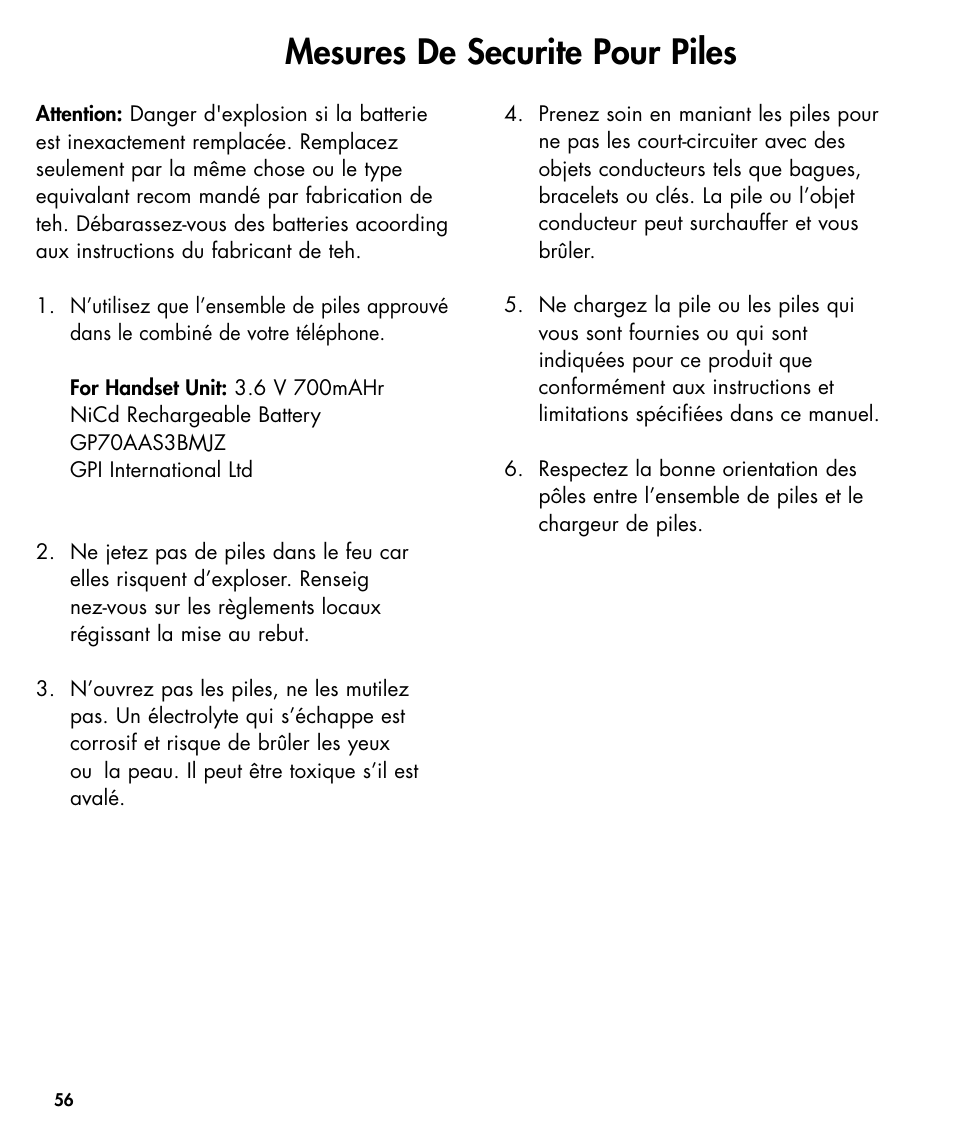 Mesures de securite pour piles | Ameriphone W425 User Manual | Page 57 / 78