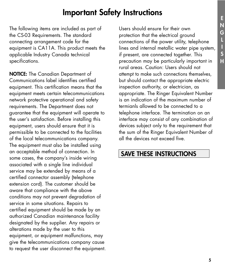 Important safety instructions, Save these instructions | Ameriphone W425 User Manual | Page 6 / 78