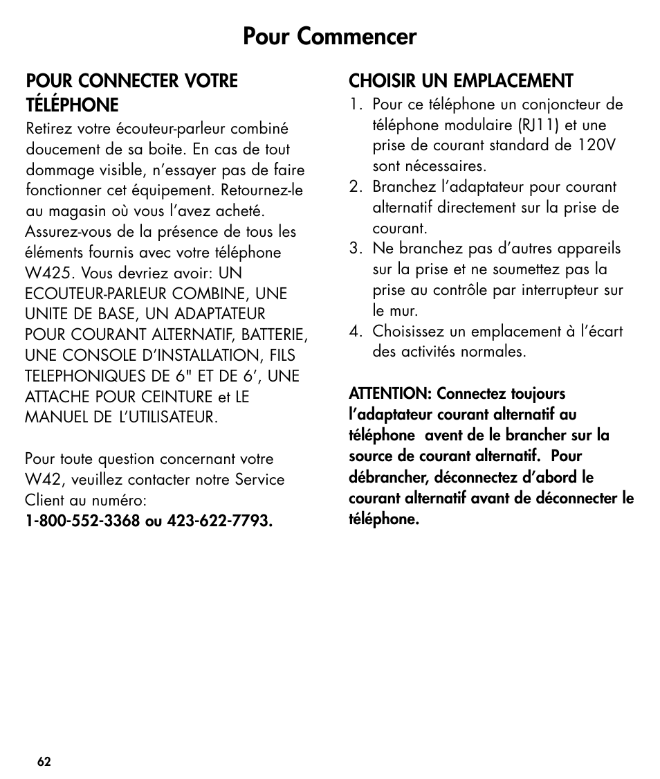 Pour commencer | Ameriphone W425 User Manual | Page 63 / 78