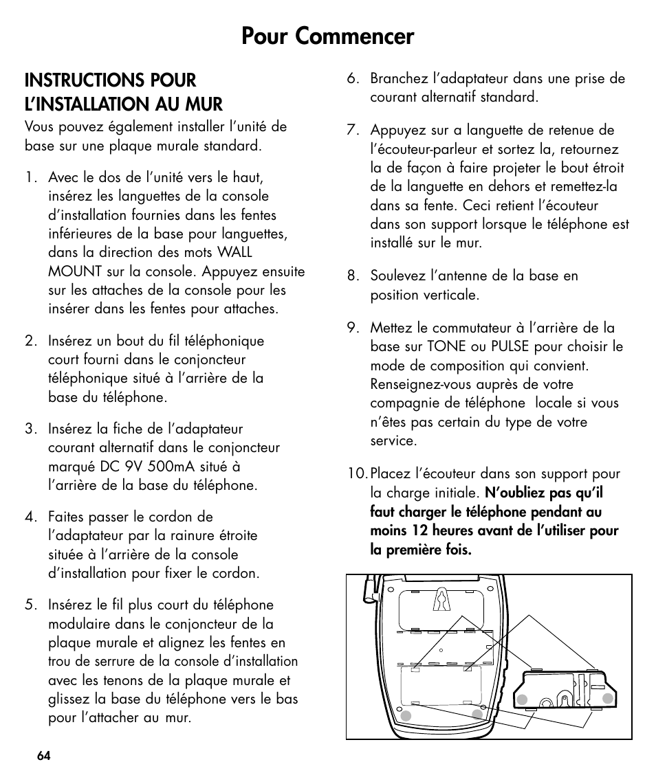 Pour commencer, Instructions pour l’installation au mur | Ameriphone W425 User Manual | Page 65 / 78