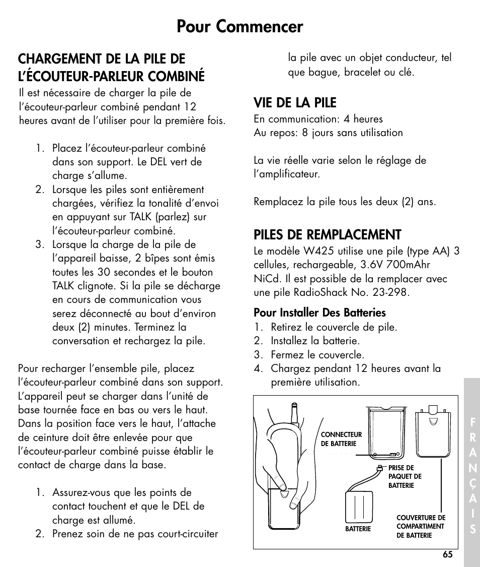 Pour commencer, Vie de la pile, Piles de remplacement | Ameriphone W425 User Manual | Page 66 / 78