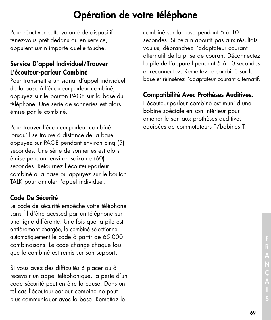 Opération de votre téléphone | Ameriphone W425 User Manual | Page 70 / 78