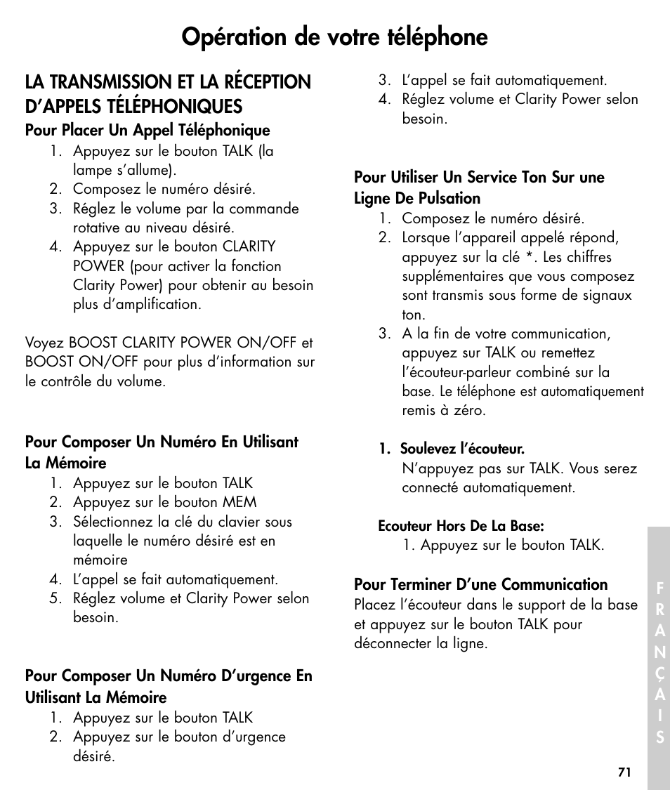 Opération de votre téléphone | Ameriphone W425 User Manual | Page 72 / 78