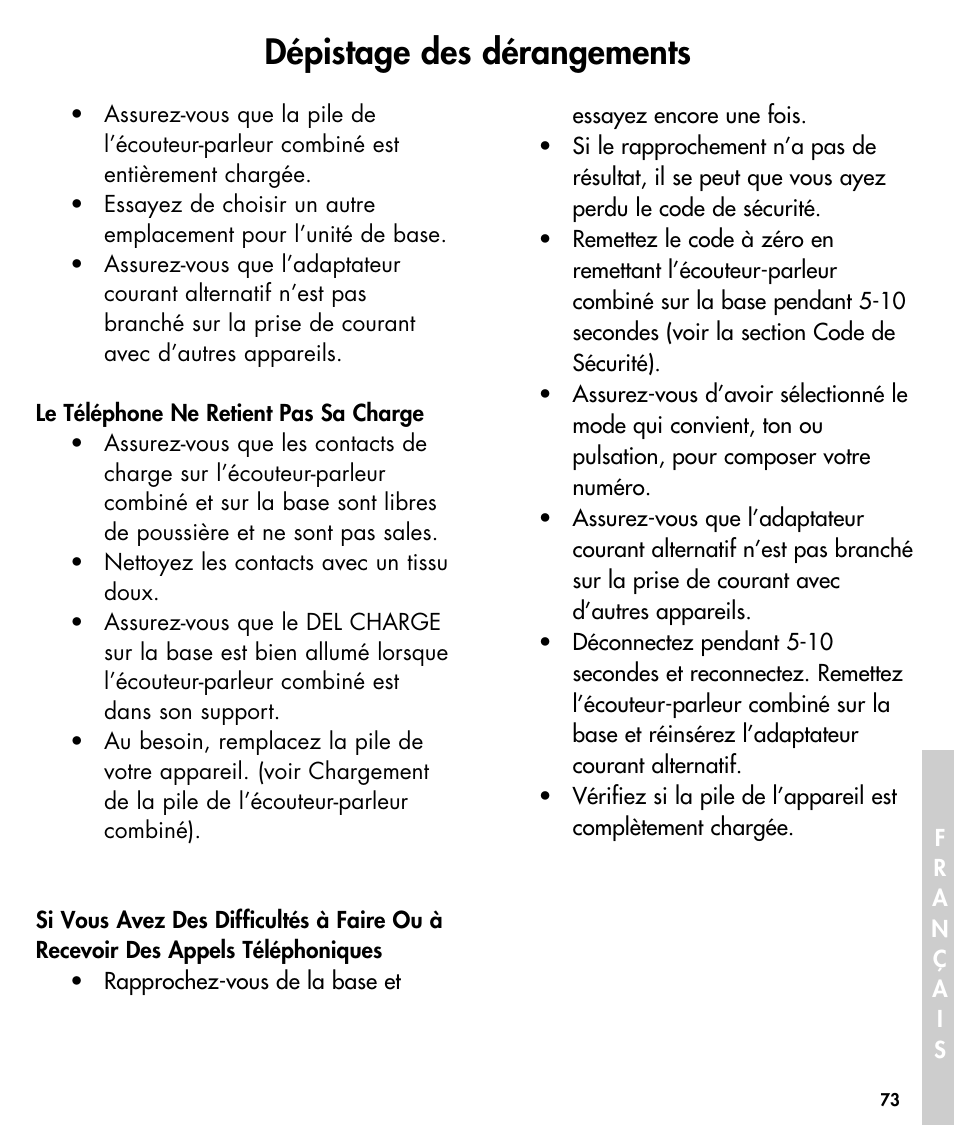 Dépistage des dérangements | Ameriphone W425 User Manual | Page 74 / 78