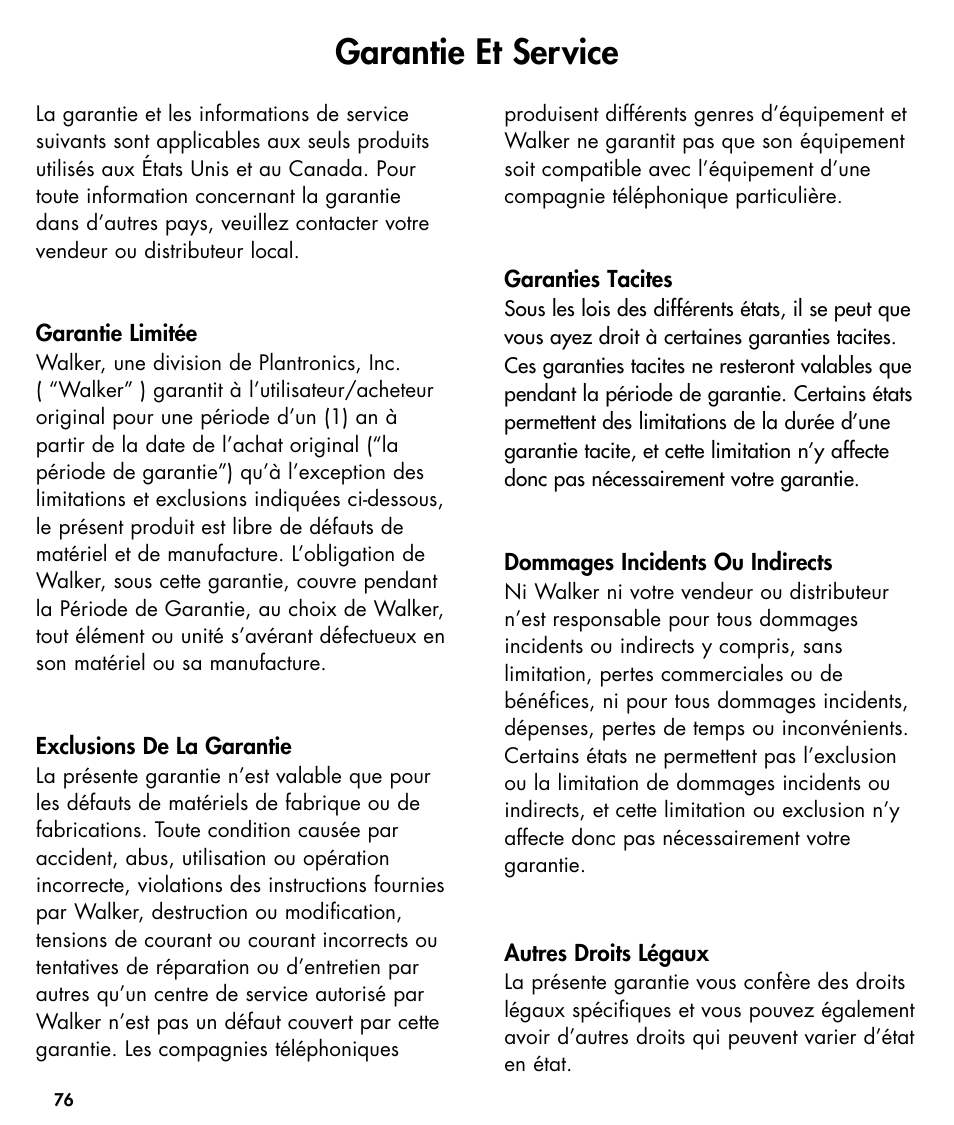 Garantie et service | Ameriphone W425 User Manual | Page 77 / 78