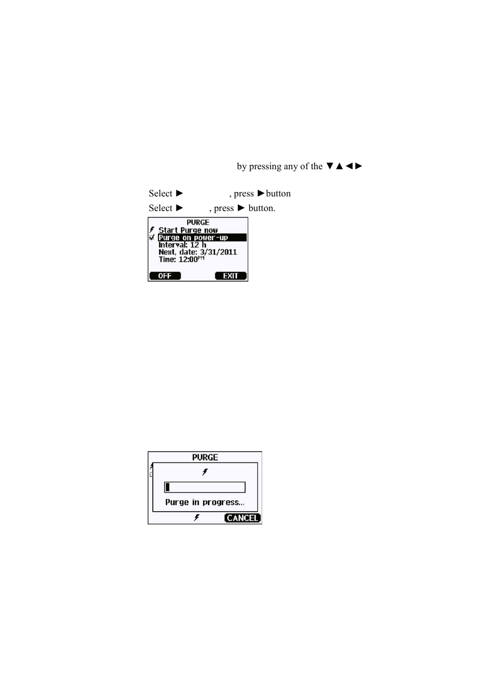Starting and configuring sensor purge, Using display/keypad (optional), Figure 73 | Sensor purge settings, Figure 74, Performing sensor purge | Vaisala DMT340 User Manual | Page 140 / 191