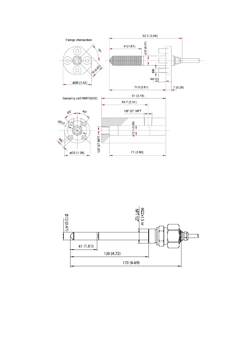 Figure 94, Dmt342 probe dimensions, Figure 95 | Dmt344 probe dimensions | Vaisala DMT340 User Manual | Page 176 / 191