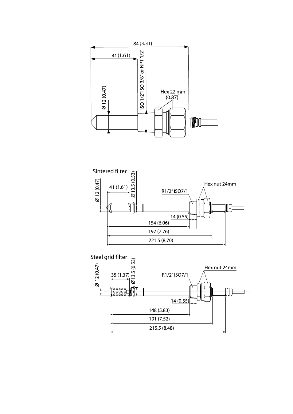 Figure 96, Dmt347 probe dimensions, Figure 97 | Dmt348 standard probe dimensions | Vaisala DMT340 User Manual | Page 177 / 191