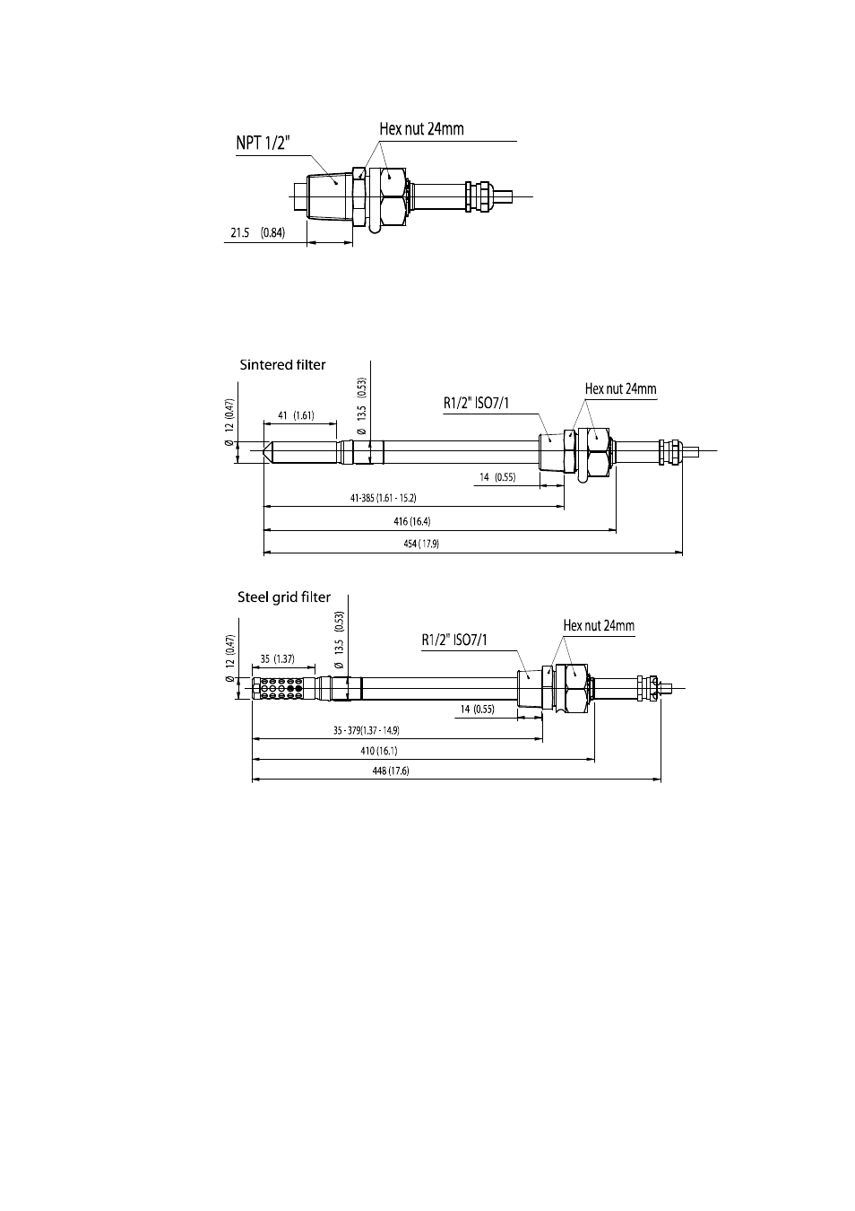 Figure 98, Npt 1/2" nut dimensions, Figure 99 | Dmt348 optional 400mm probe dimensions | Vaisala DMT340 User Manual | Page 178 / 191