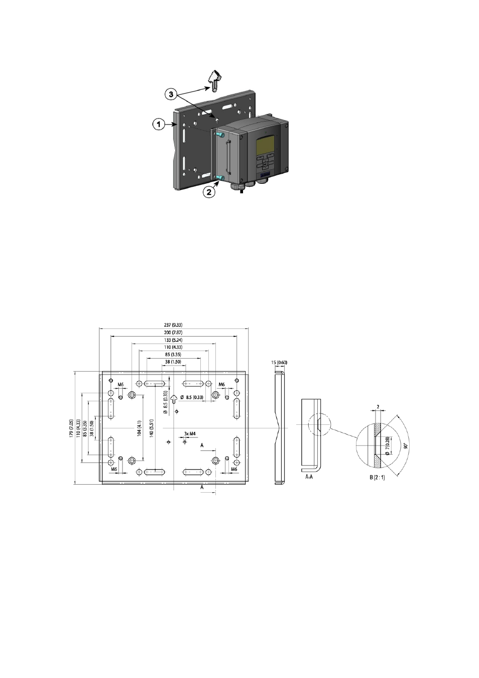 Figure 7, Mounting with metal wall mounting plate, Figure 8 | Dimensions of metal mounting plate (mm/inch) | Vaisala DMT340 User Manual | Page 27 / 191